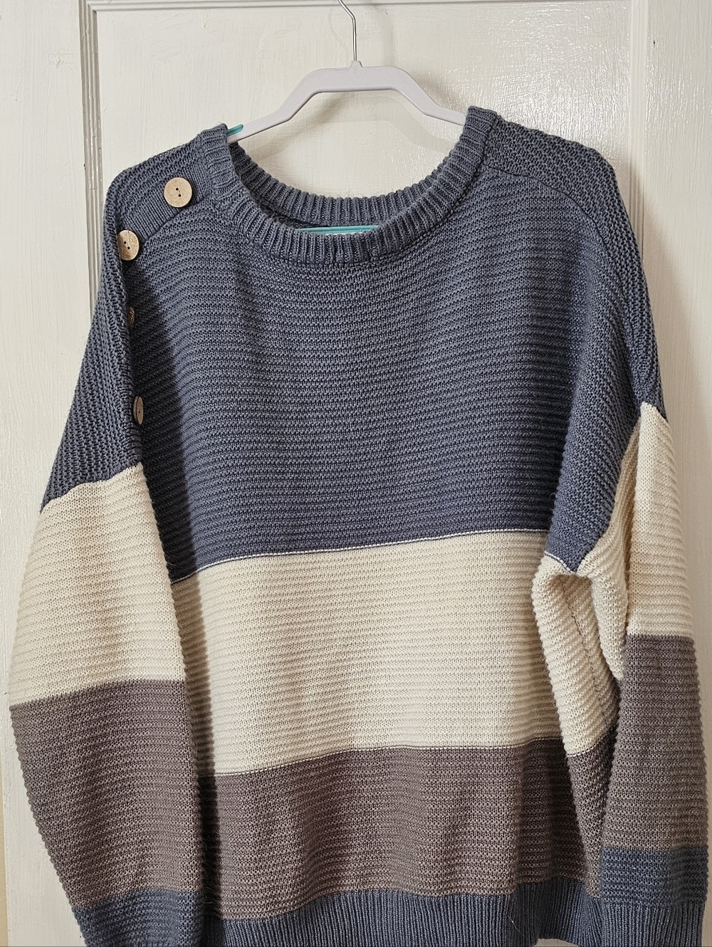 🤍 Colorblock Knit Sweater – Cozy Button Shoulder Pullover